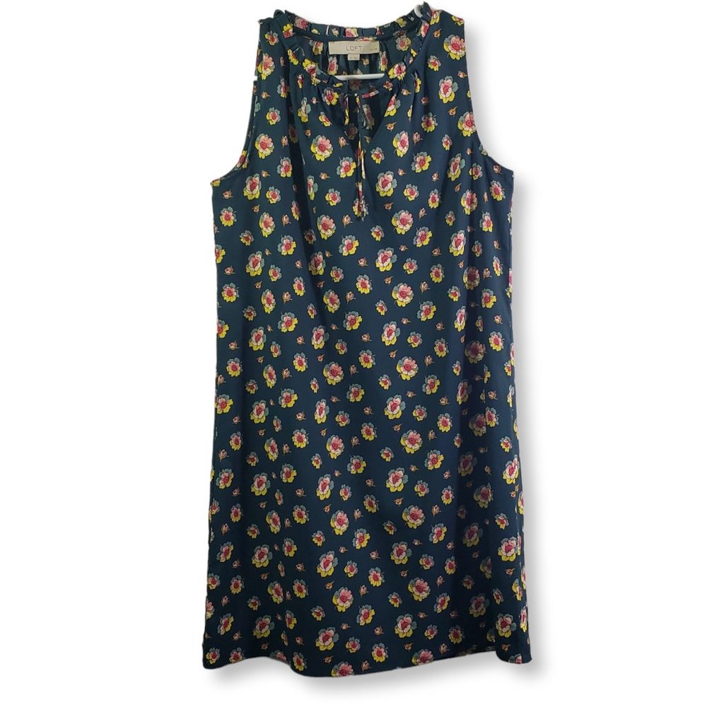 LOFT Small Green, Pink, Yellow Floral Sleeveless, Ruffle, V-Neck Dress